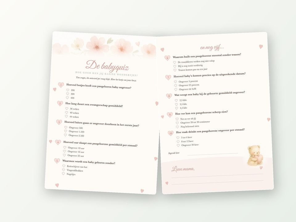 Babyshower quiz A5, 20 kaarten met antwoordvel