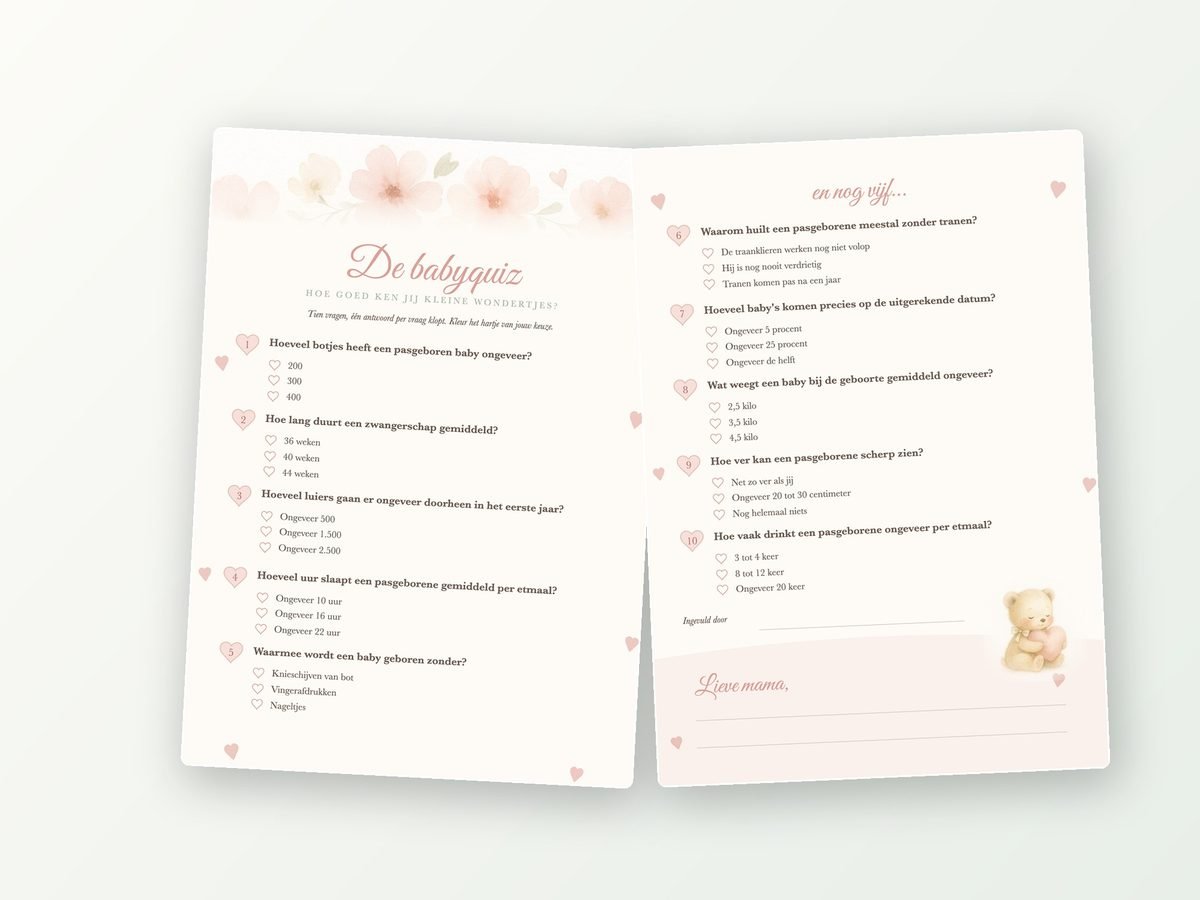 Babyshower quiz A5, 20 kaarten met antwoordvel