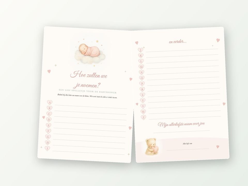 Babyshower spel A5, 20 kaarten (babynamen)