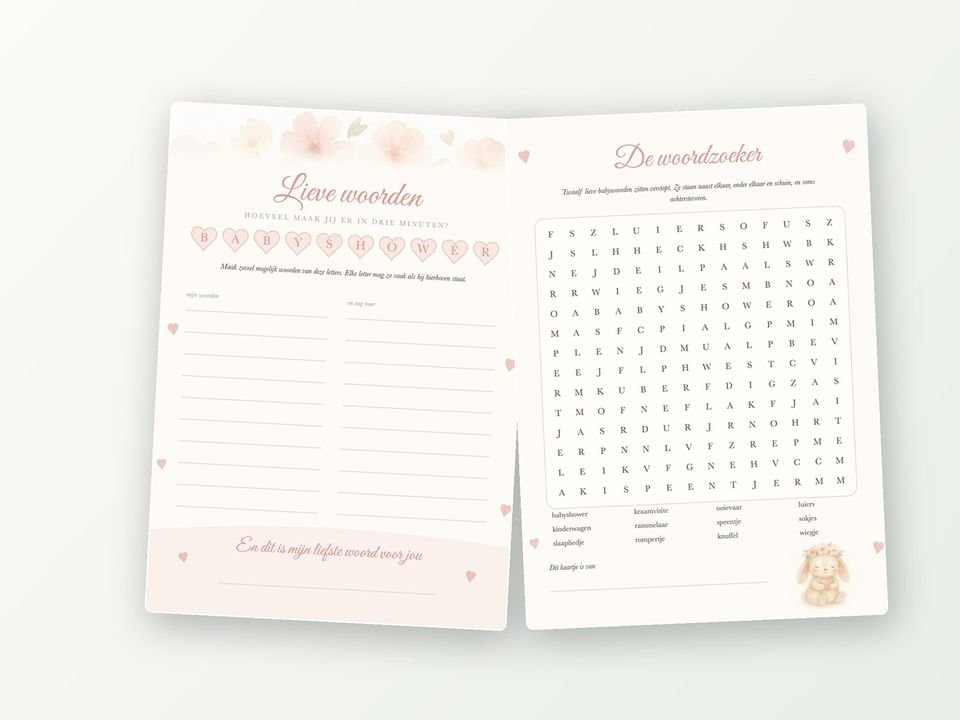 Babyshower spel A5, 20 kaarten (woordzoeker)