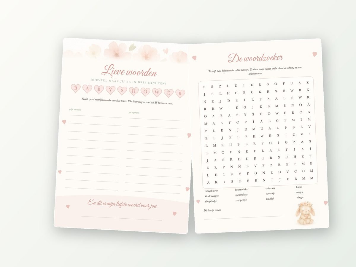 Babyshower spel A5, 20 kaarten (woordzoeker)