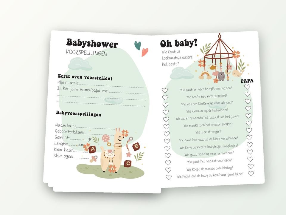 Babyshower XL pakket, 40 A5 invul- & spelletjeskaarten