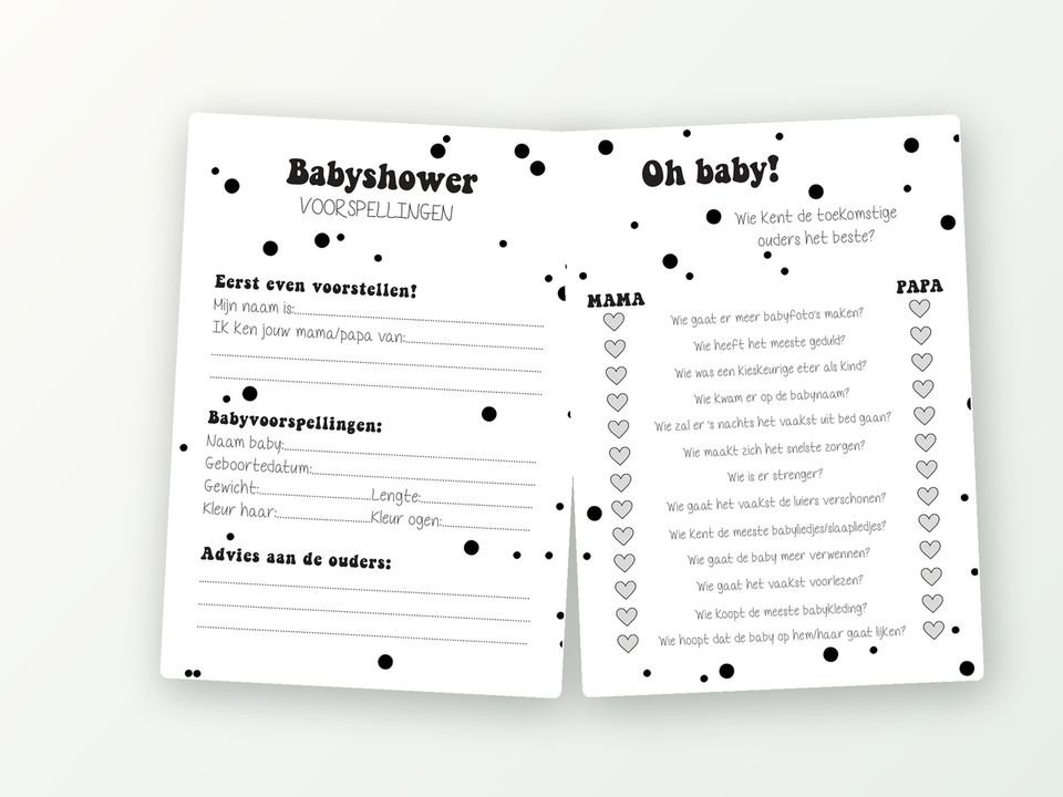 Babyshower quiz A5, 20 kaarten (zwart-wit)
