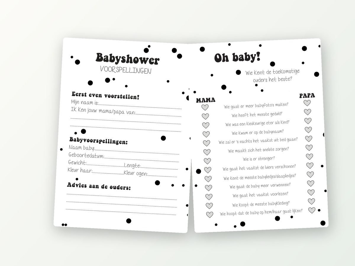 Babyshower quiz A5, 20 kaarten (zwart-wit)