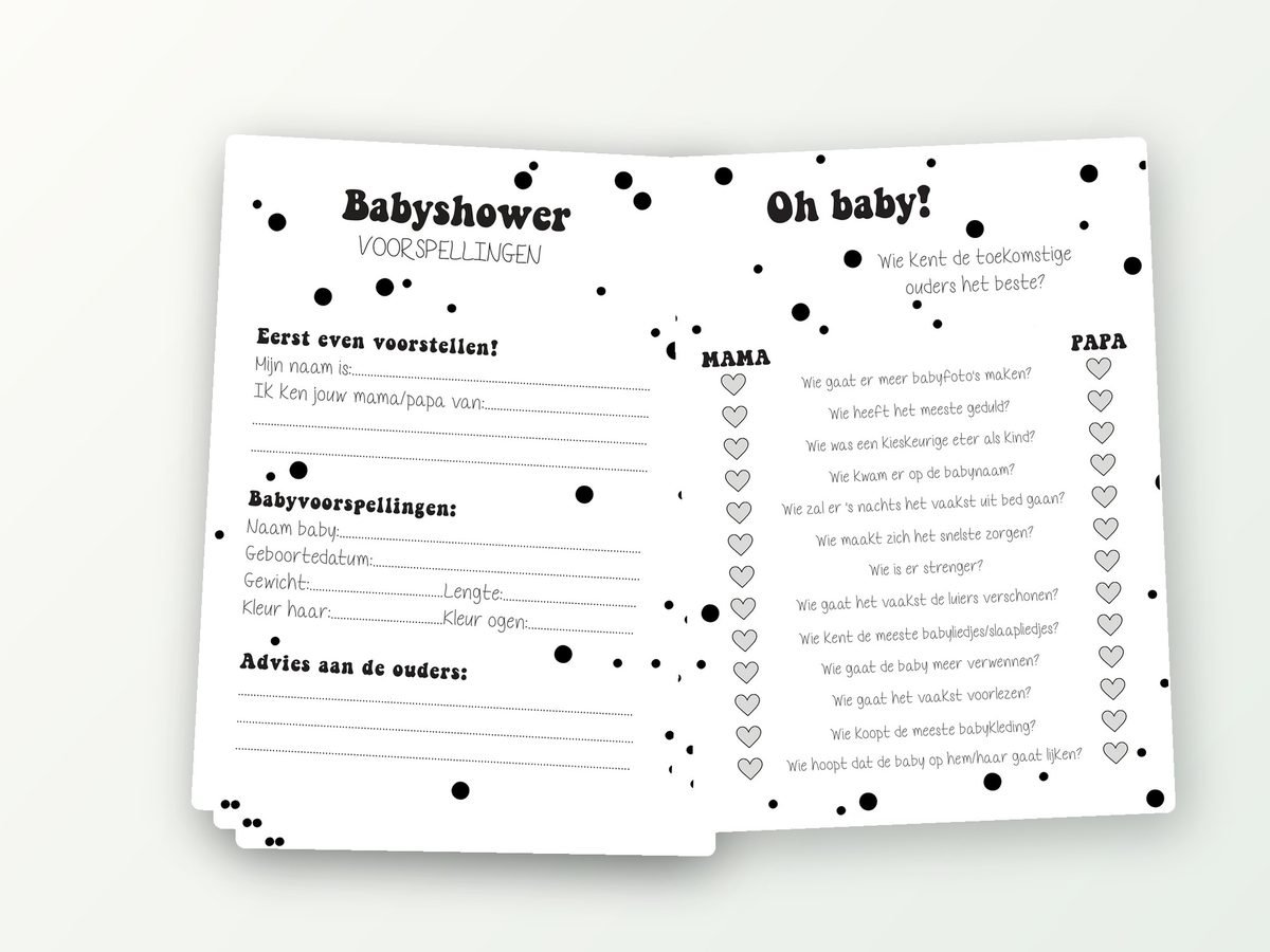 Babyshower quiz XL, 2x20 A5-kaarten (zwart-wit)