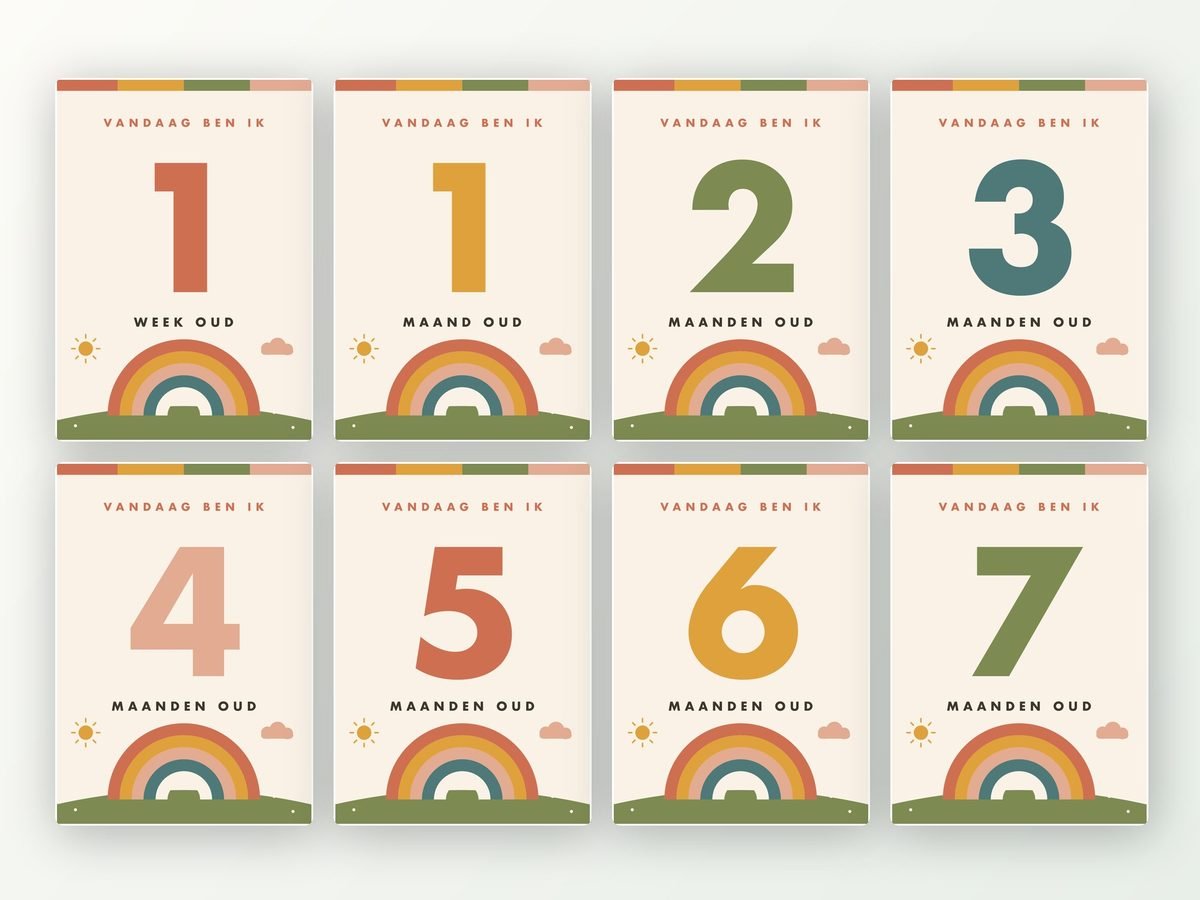 Milestone kaarten baby, 24 stuks A5 (retro regenboog)