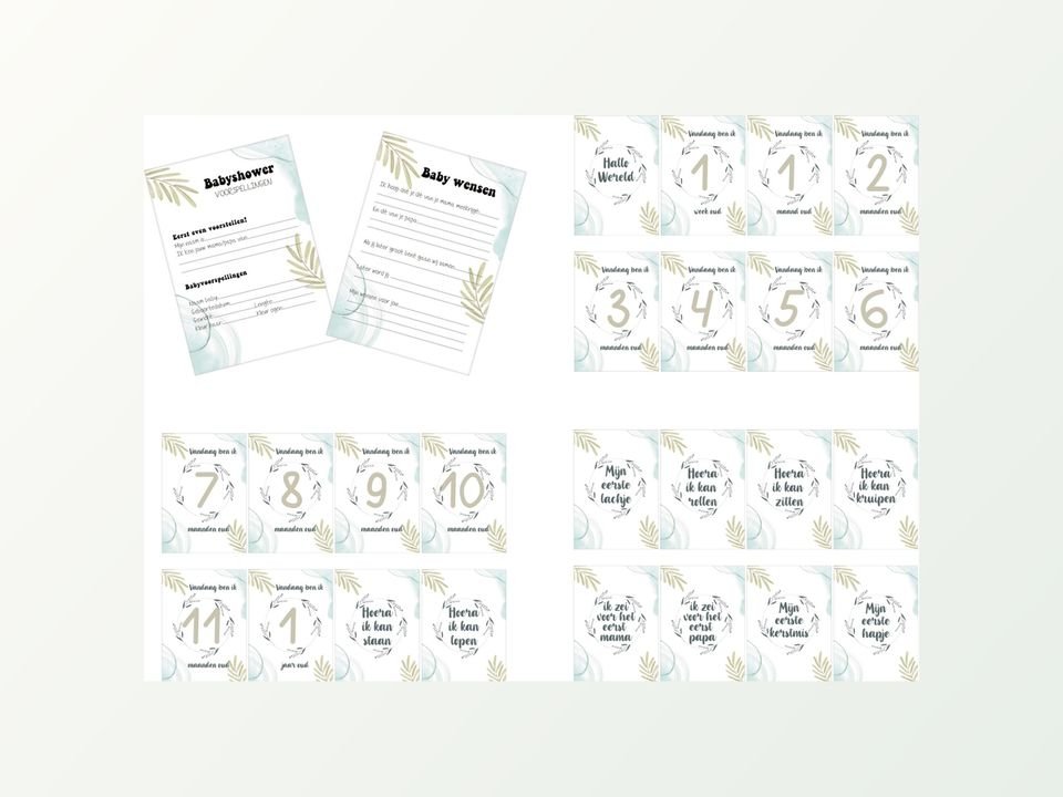Babyshower pakket: 24 milestone kaarten + 25 invulkaarten A5 (eucalyptus)