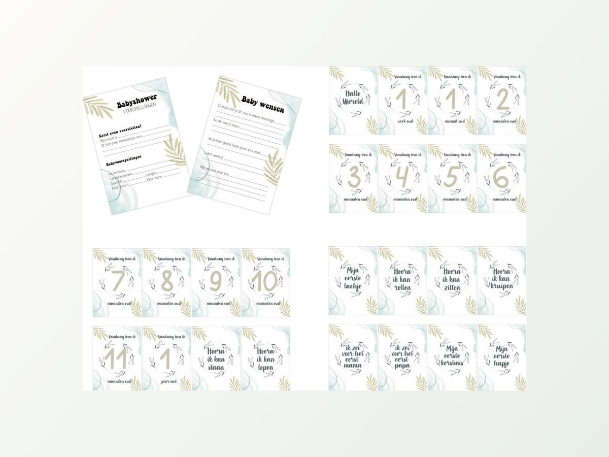 Babyshower pakket: 24 milestone kaarten + 25 invulkaarten A5 (eucalyptus)
